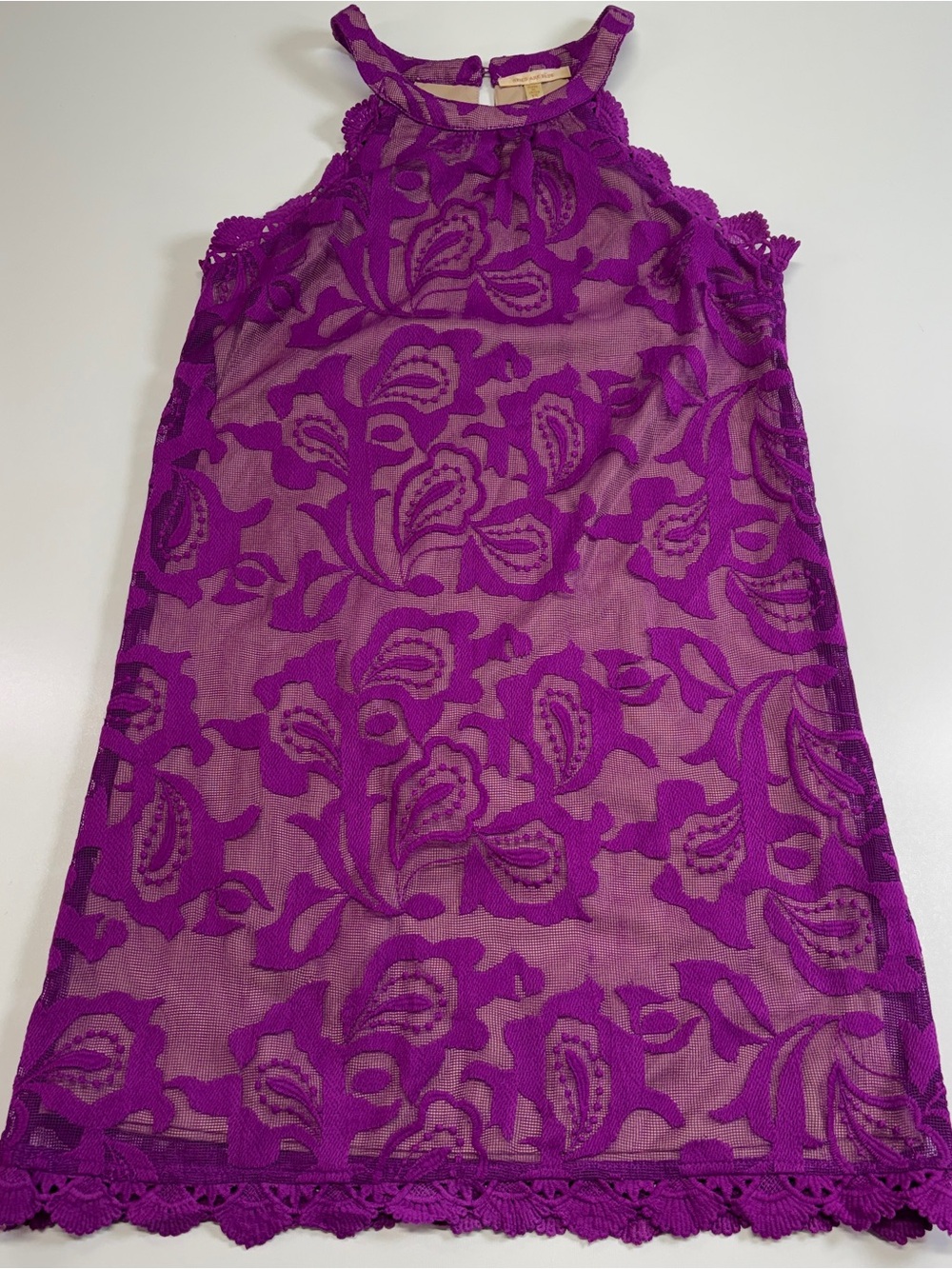 Skies Are Blue Purple Floral Embroidered Mesh Cold Shoulder Mini Dress XS